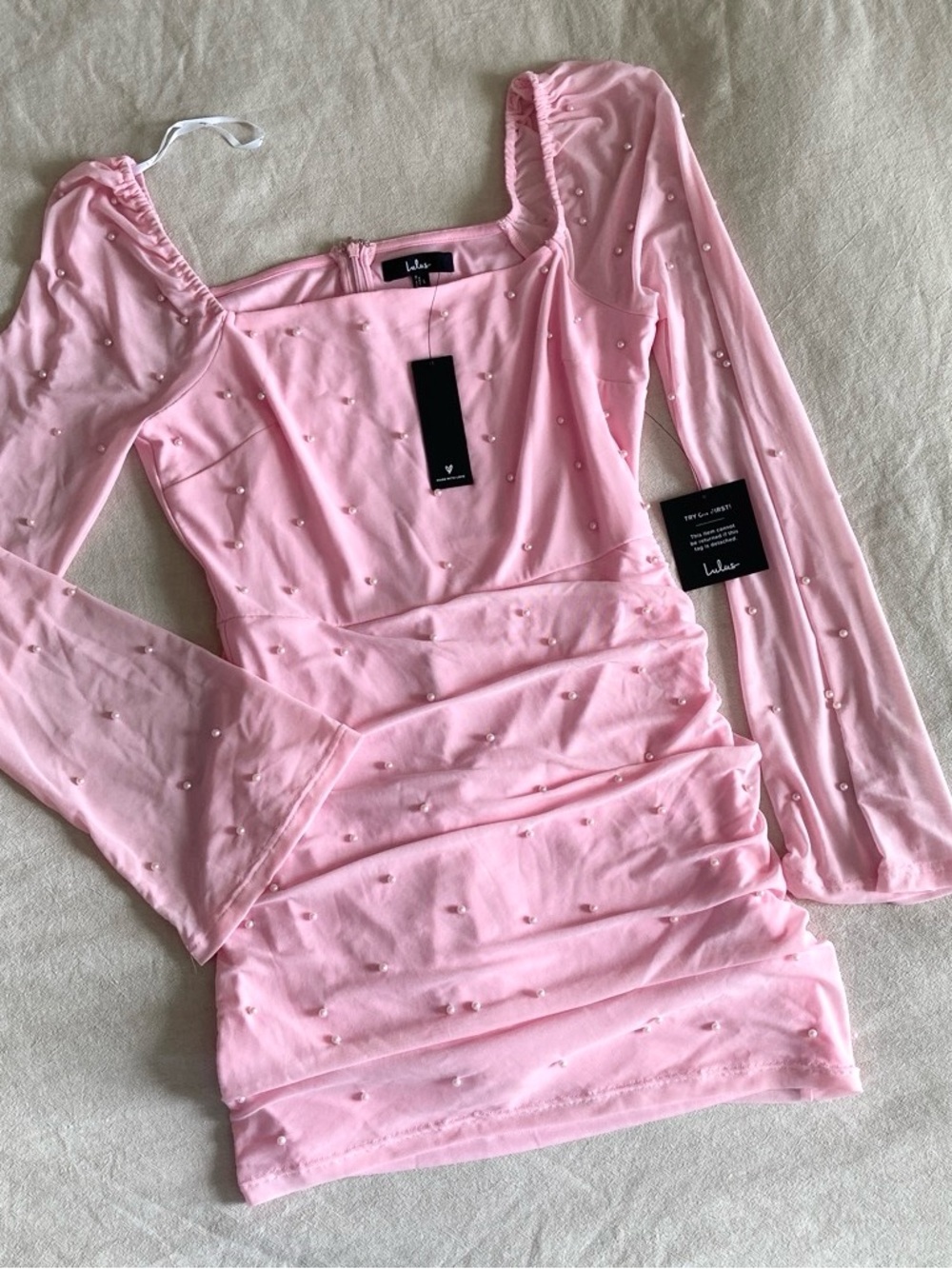 Lulu's Blush Pink Beaded Square-Neck Mini Dress - NWT